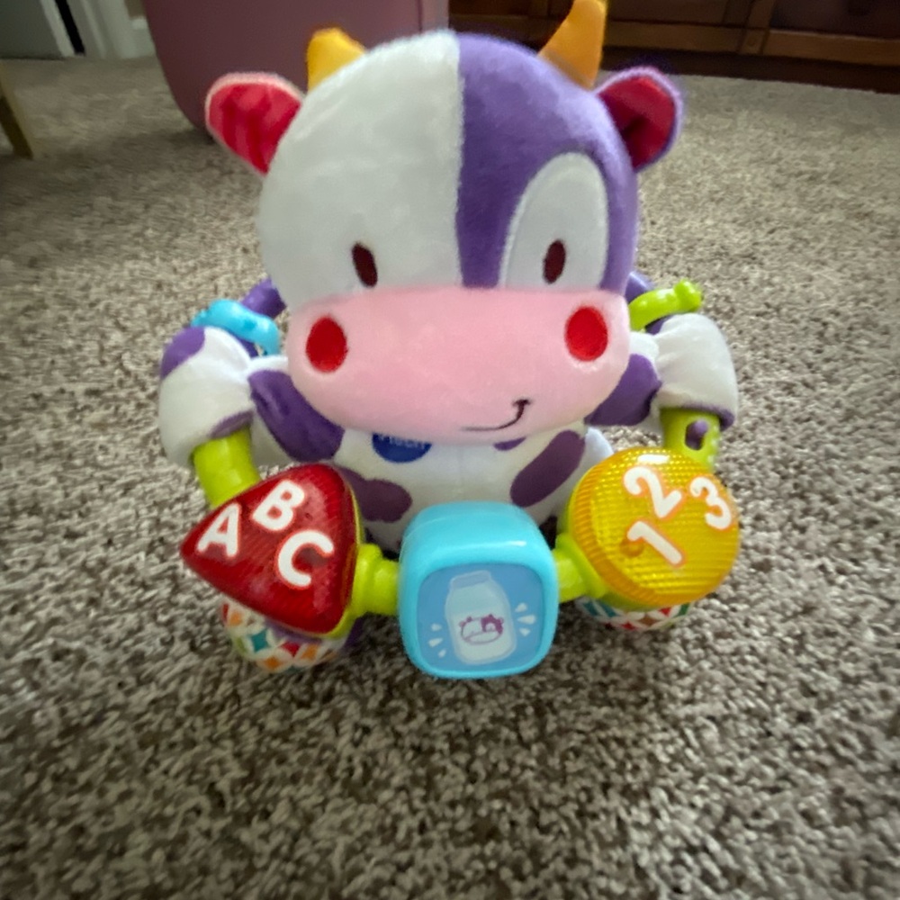 Purple and White Plush Cow Learning Toy with ABC & 123 Buttons